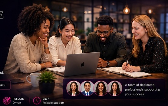Business professionals working together around a laptop